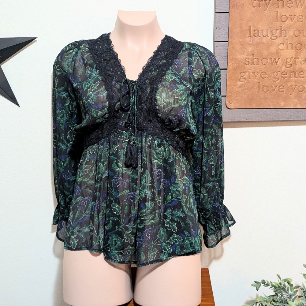 Sz1X Torrid Lurex Chiffon Crinkle Babydoll Lace Up Top NWT